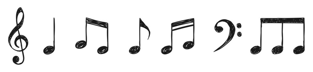 Music notes hand drawn black signs vector set. Isolated hand-drawn music note icons on white background. Music note symbols with treble clef. Vector illustration. - obrazy, fototapety, plakaty