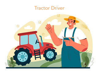 Farmer concept. Tractor worker driving agricultural machinery. Farming