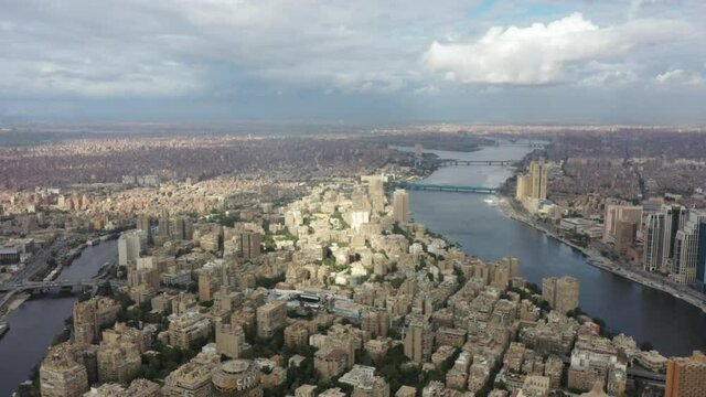 Aerial Drone Fly over Zamalek Island Downtown Cairo