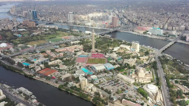 Aerial Drone Shot of downtown Cairo Tower in Zamalek at noon