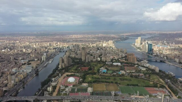 Aerial Drone Reveal Shot of Zamalek, Cairo Tower, Nile and Downtown