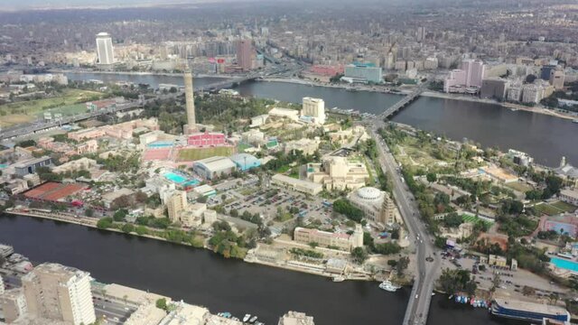 Aerial Drone zoom out shot of Zamalek, downtown Cairo at noon