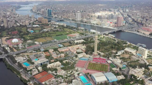 Aerial Drone shot of Zamalek Cairo downtown and Nile river
