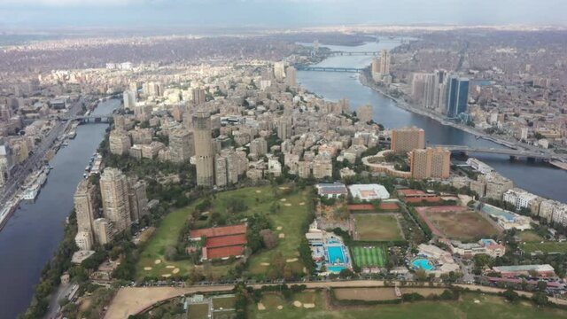Aerial Drone shot of Zamalek Island with country clubs in Downtown Cairo