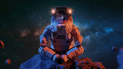 astronaut meditating on asteroid  © dottedyeti
