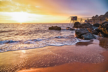 .French oceanfront landscape, oceanfront fish cabins in France.