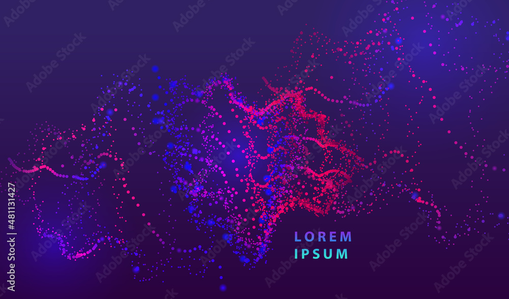 Poster particle dots glowing abstract background. neon splash surface shapes design. modern big data techno