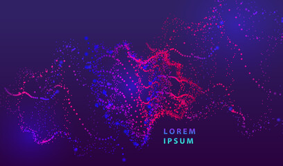 Particle dots glowing abstract background. Neon  splash surface shapes design. Modern big data technology and science vector.
