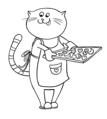 Cartoon illustration of a cute cat in a kitchen apron cooking a Christmas gingerbread cookies. Black and white coloring book page.