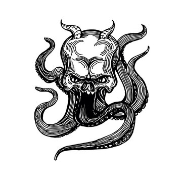 Hand Drawn Skulls Of Octopus Vector