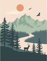 Abstract landscape with deer