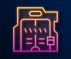 Glowing neon line Futuristic sliding doors icon isolated on black background. Vector