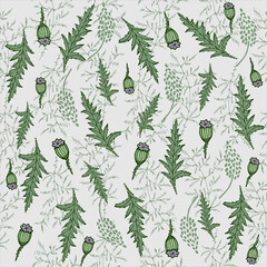 Fototapeta na wymiar Background with green leaves and buds. Seamless pattern hand-painted. 