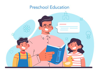 Kindergartener. Professional nany and children playing toys and educational