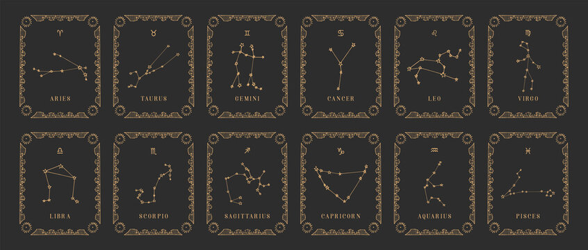 Old horoscope cards. Constellations set in vector.