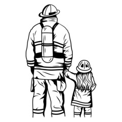 Illustration of firefighters with their daughter. Portrait of a man and his children. Father's day. The profession is to save people. T-shirt design.