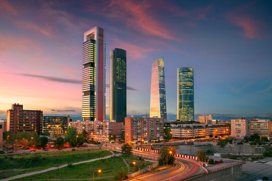 Madrid, Spain. Cityscape image of financial district of Madrid, Spain with modern skyscrapers at twilight blue hour.	