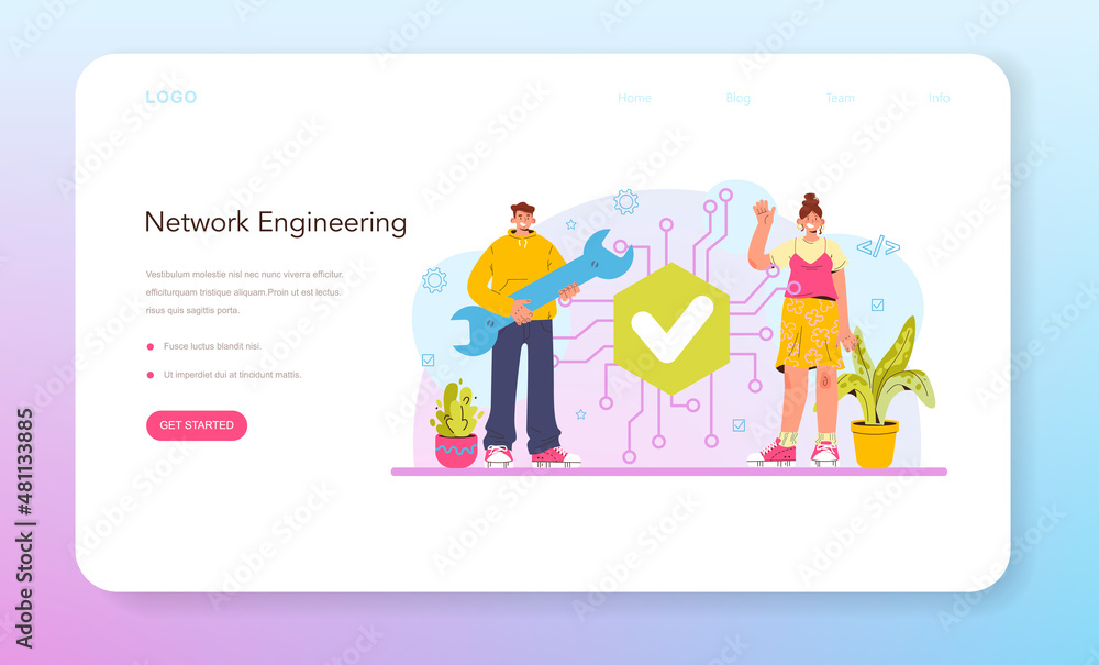 Poster network engineer web banner or landing page. specialist setting up