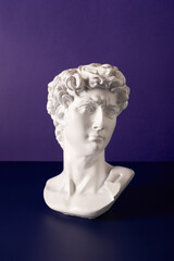 Selectve focus of bust of david replica on a purple background