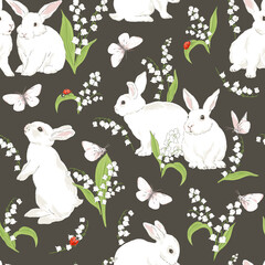 Cute bunny in Spring Bloomy garden with Lilies of the valley florals White butterfly Ladybug vector seamless pattern. Vintage romantic nature hand drawn print. Cottage core aesthetic background.