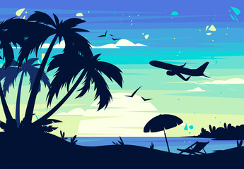 Vector illustration of a summer sunset on the beach with silhouettes of palm trees, a chaise longue with an umbrella on the background of a plane taking off