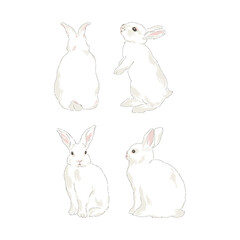 Cute spring Easter bunny hand drawn vector illustration set isolated on white. Vintage classic aesthetic print.