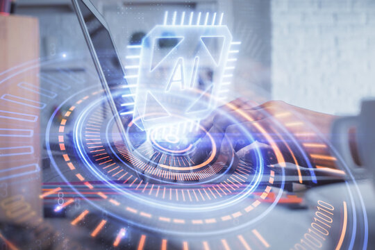 Double exposure of woman hands working on computer and data theme hologram drawing. Tech concept.