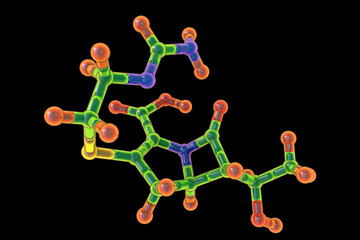 Imipenem antibiotic molecule, 3D illustration