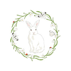 Cute bunny in Spring Snowdrops floral wreath with butterfly and ladybug hand drawn vector illustration isolated on white. Vintage delicate romantic nature print poster card