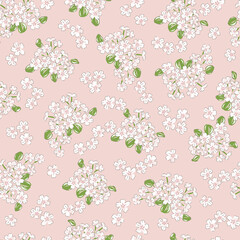 Primrose Spring Garden flower hand drawn vector seamless pattern. Vintage Romantic Liberty inspired Petite floral ditsy print. Bloomy calico pink background for fashion fabric or home textile