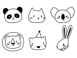 Set of cute animal faces. Collection of animal portraits cartoon style panda, lion, hare, koala, cat, etc. Vector illustration white background. Design of kids clothing. Tattoo.