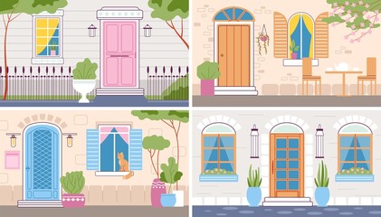 House entrance. Facade illustration, doors and windows in house brick walls. City and country houses exterior, cute street. Buildings, architecture decent vector banner