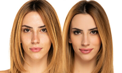 Fototapeta premium Comparison portrait of a woman without and with makeup