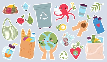 Zero waste stickers. Kitchen bamboo tools, sorting garbage and reusable items. Eco prints, no plastic and safety environment, decent vector set