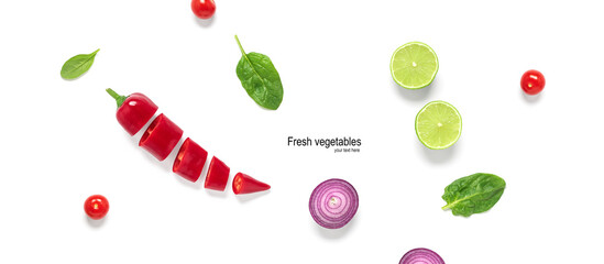 Fresh vegetables on a white background. Creative layout. Isolated vegetables for salad. Top view, flat lay. Banner.