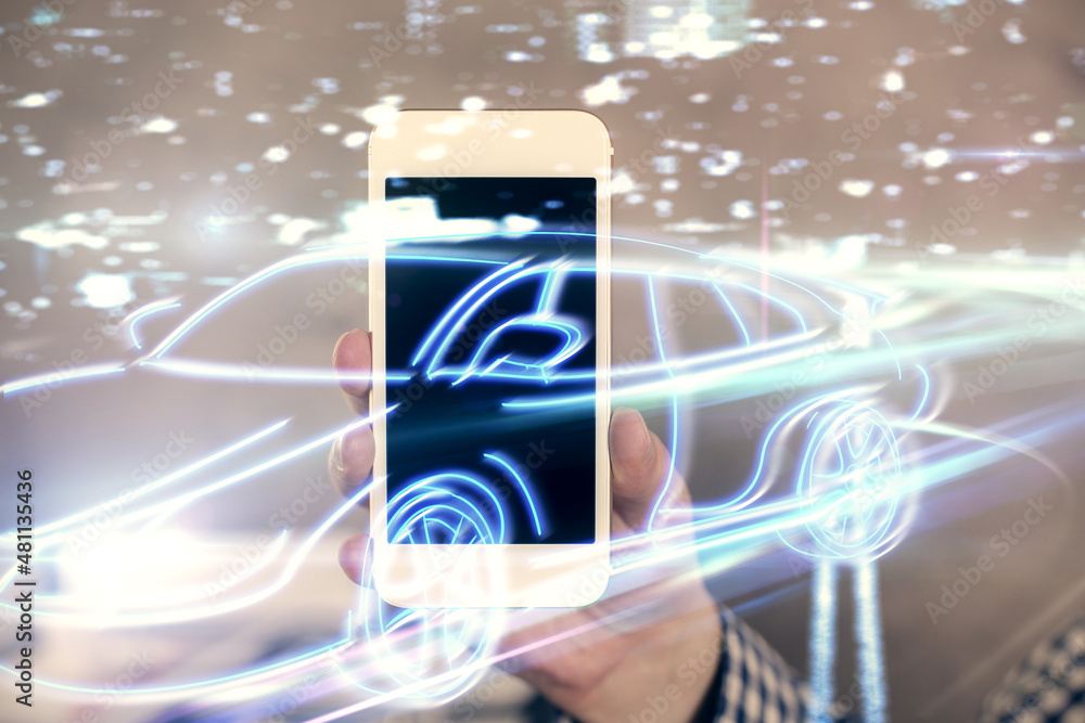 Aufkleber Double exposure of man's hands holding and using a digital device and automobile theme hologram drawing. Technology concept.