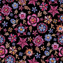 Wild abstract embroidery flowers. Embroidered florals, pink spring bouquet. Floral decorative print, beautiful summer blooming garden nowaday vector seamless pattern