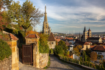 scenic city town view of historic medieval sslingen am neckar in germany in late summer from neckarhalde