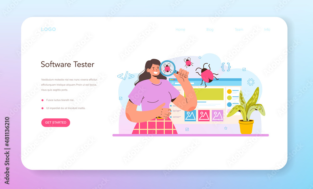 Poster software tester web banner or landing page. application or website