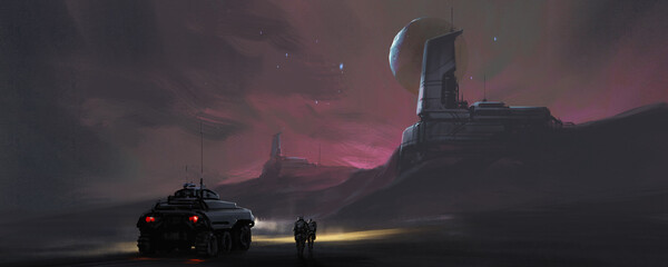 A space vehicle on an alien planet, 3D illustration. © liuzishan