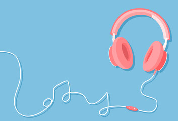 Pink Headphones modern style on isolated blue background. Vector illustration flat design for poster, banner, card, with copy space.