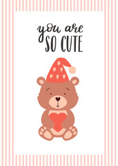 A Valentine's day card with a cute bear holding a heart and a handwritten phrase - You're so cute. A symbol of love, romance. Color flat vector illustration on a white background with a striped frame.