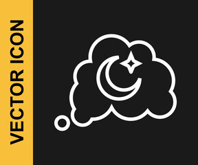 White line Dreams icon isolated on black background. Sleep, rest, dream concept. Resting time and comfortable relaxation. Vector