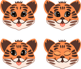 Fototapeta na wymiar Cute tiger faces in colorful cartoon style. Vector set of characters ready for animation. Illustration for kids.