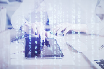 Double exposure of technology sketch hologram and woman holding and using a mobile device. Ai concept