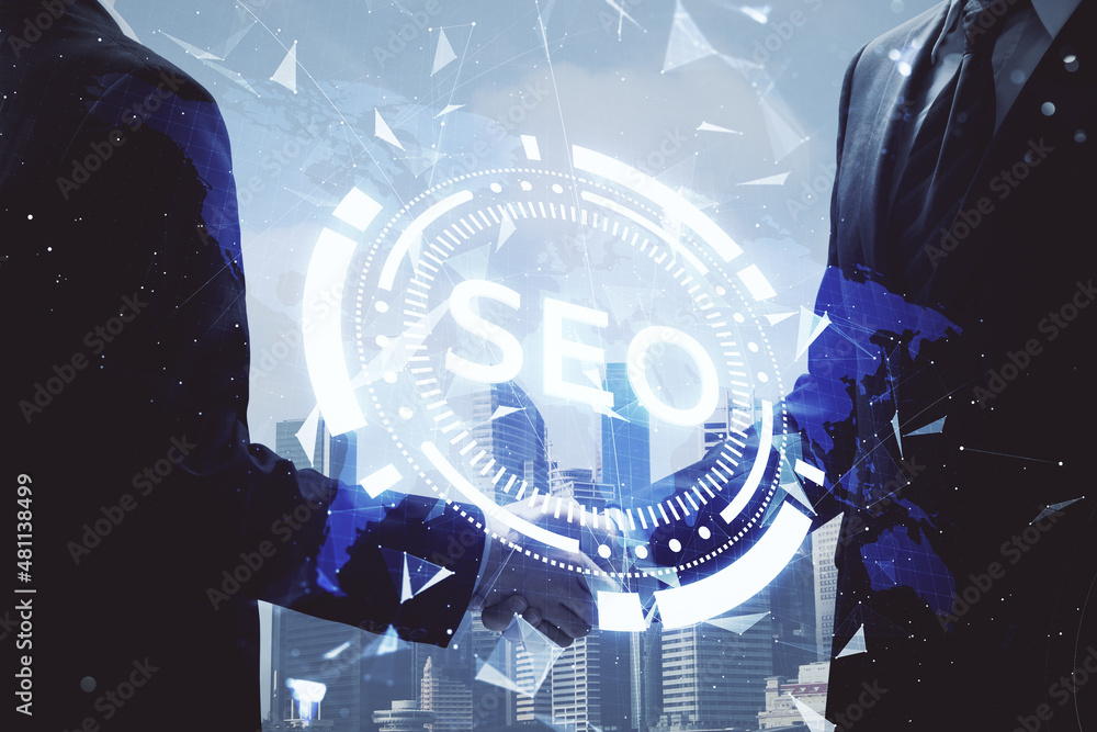 Poster double exposure of seo hologram and handshake of two men. search optimization concept.