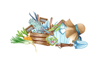 Watercolor set of garden objects a bag of mud, watering can, flowerpot, seeds. Gardening tools. Spring garden illustration