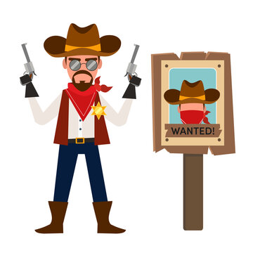 Cowboy with pistols next to a Wanted sign