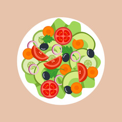 vegetables in plate flat design top view. Salad bowl for healthy meal. Vegetarian dish. 