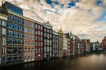 Amsterdam typical buildings with water canals, Netherlands